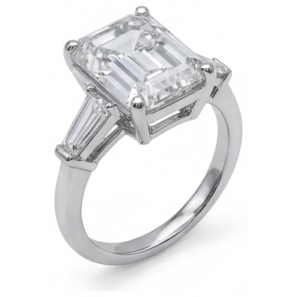 5.80 Ct. Anello In Oro Bianco Con 3 Pietre Di Genuino Diamanti E Smeraldo E Baguette Novità