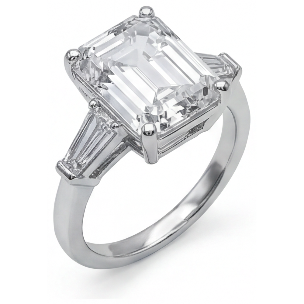 5.80 Ct. Anello In Oro Bianco Con 3 Pietre Di Genuino Diamanti E Smeraldo E Baguette Novità