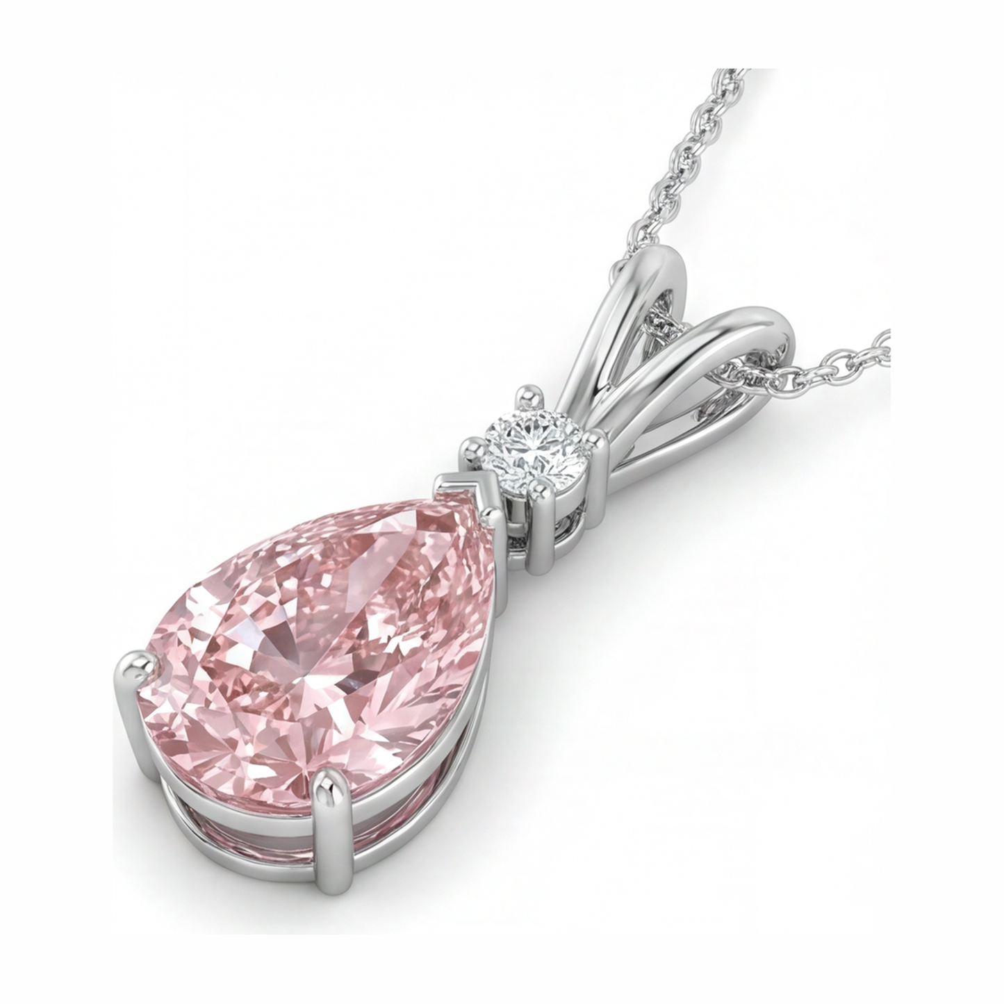 Collana con Pendente Solitario a Goccia con Diamante Rosa da Laboratorio da 5 Carati con Gambo Sdoppiato in Oro Bianco 14K