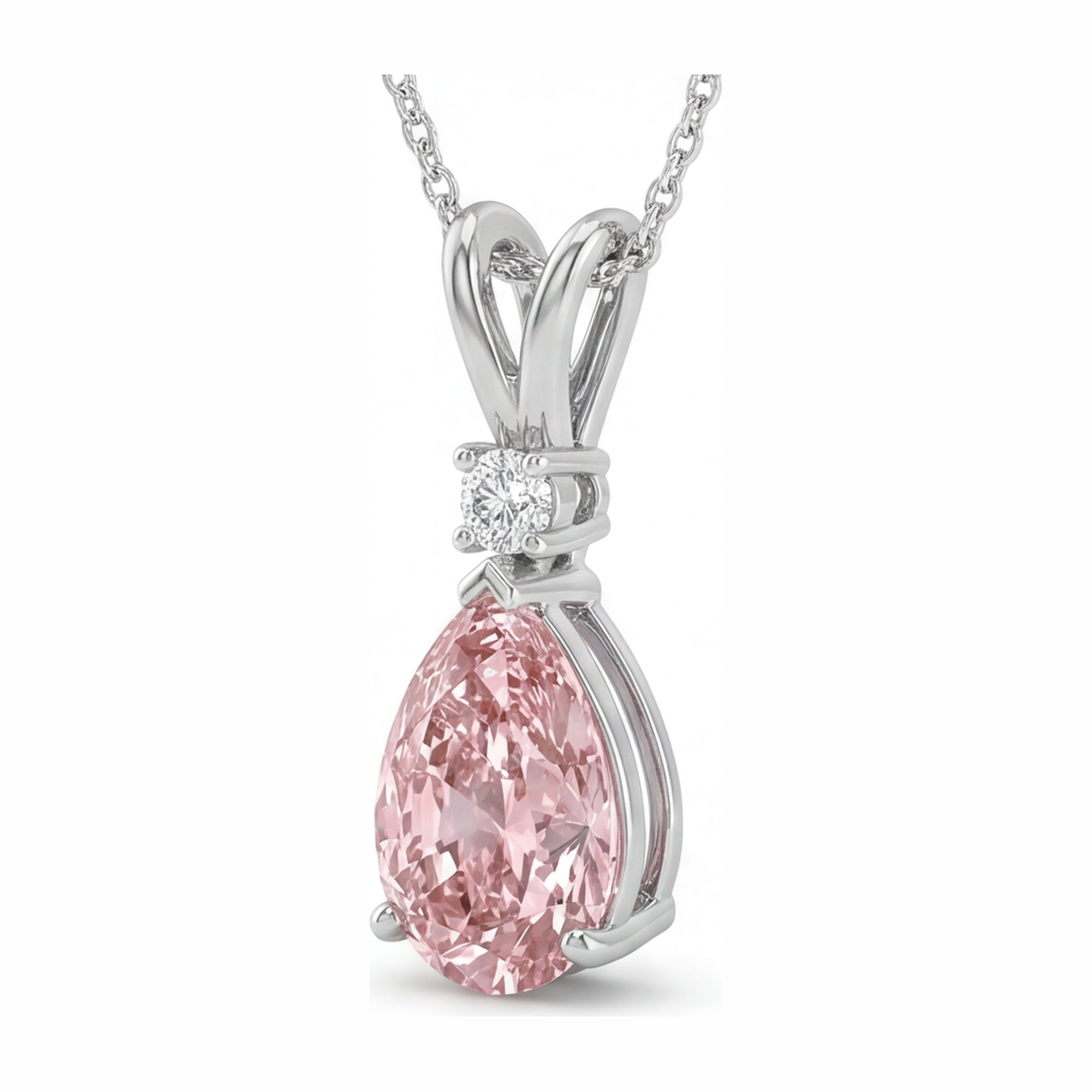 Collana con Pendente Solitario a Goccia con Diamante Rosa da Laboratorio da 5 Carati con Gambo Sdoppiato in Oro Bianco 14K