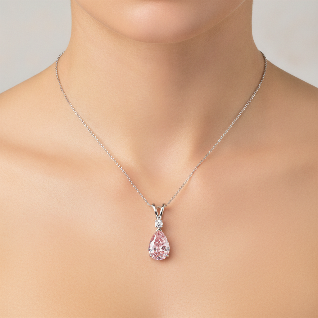 Collana con Pendente Solitario a Goccia con Diamante Rosa da Laboratorio da 5 Carati con Gambo Sdoppiato in Oro Bianco 14K