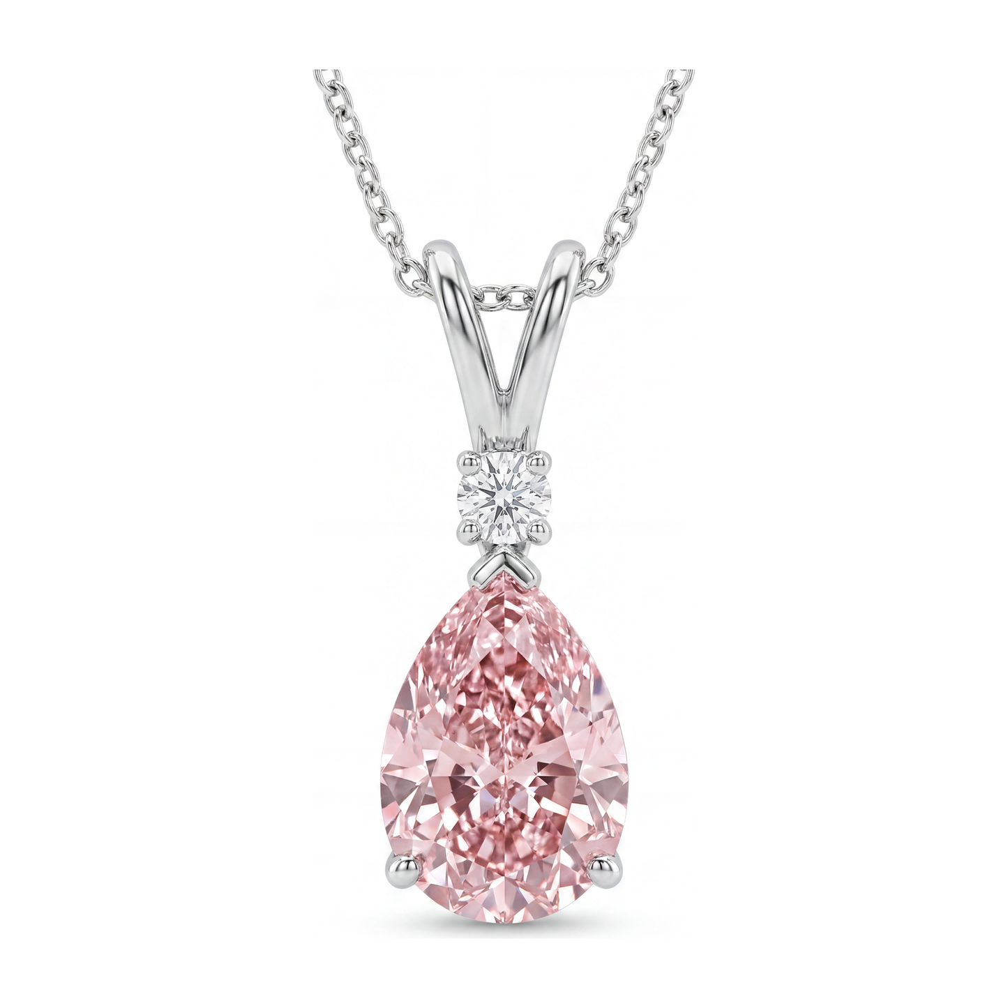 Collana con Pendente Solitario a Goccia con Diamante Rosa da Laboratorio da 5 Carati con Gambo Sdoppiato in Oro Bianco 14K
