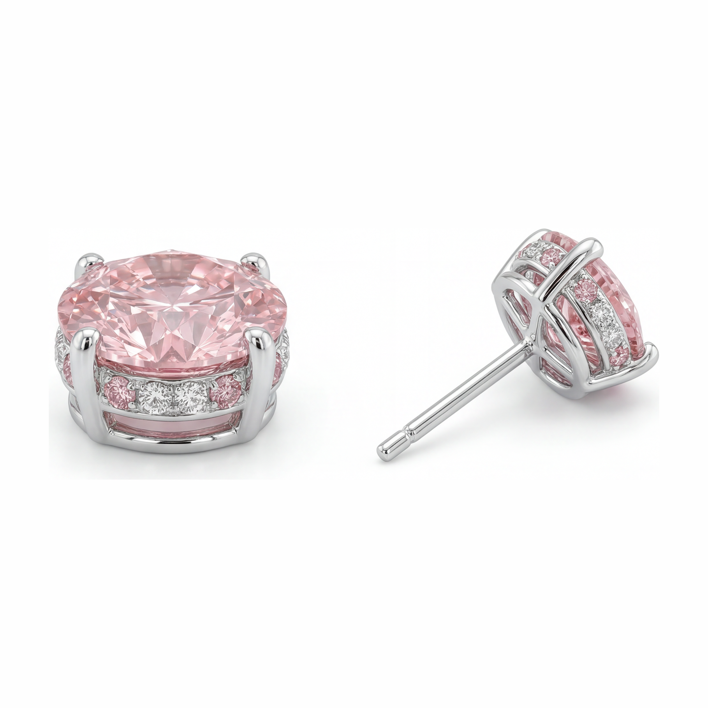 Orecchini con diamanti rosa da laboratorio 5 carati taglio rotondo Halo nascosto in Oro Bianco 14K