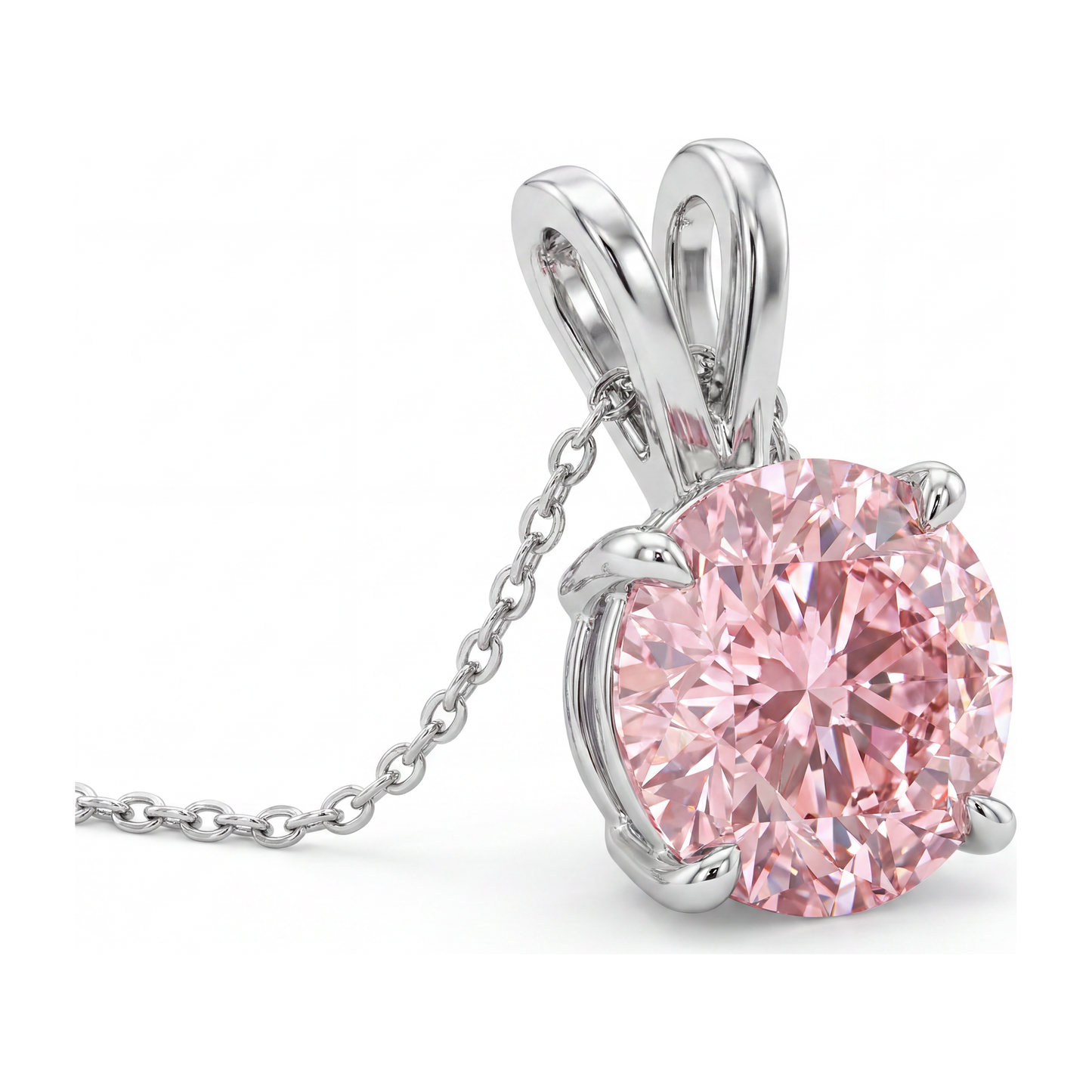 Collana con Pendente Solitario con Diamante Rosa da Laboratorio Taglio Rotondo da 5 Carati in Oro Bianco 14K