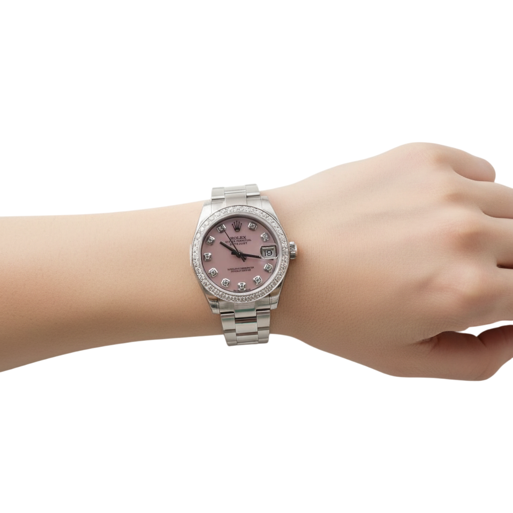 Rolex Datejust orologio rosa madreperla quadrante personalizzato lunetta con diamanti acciaio inossidabile