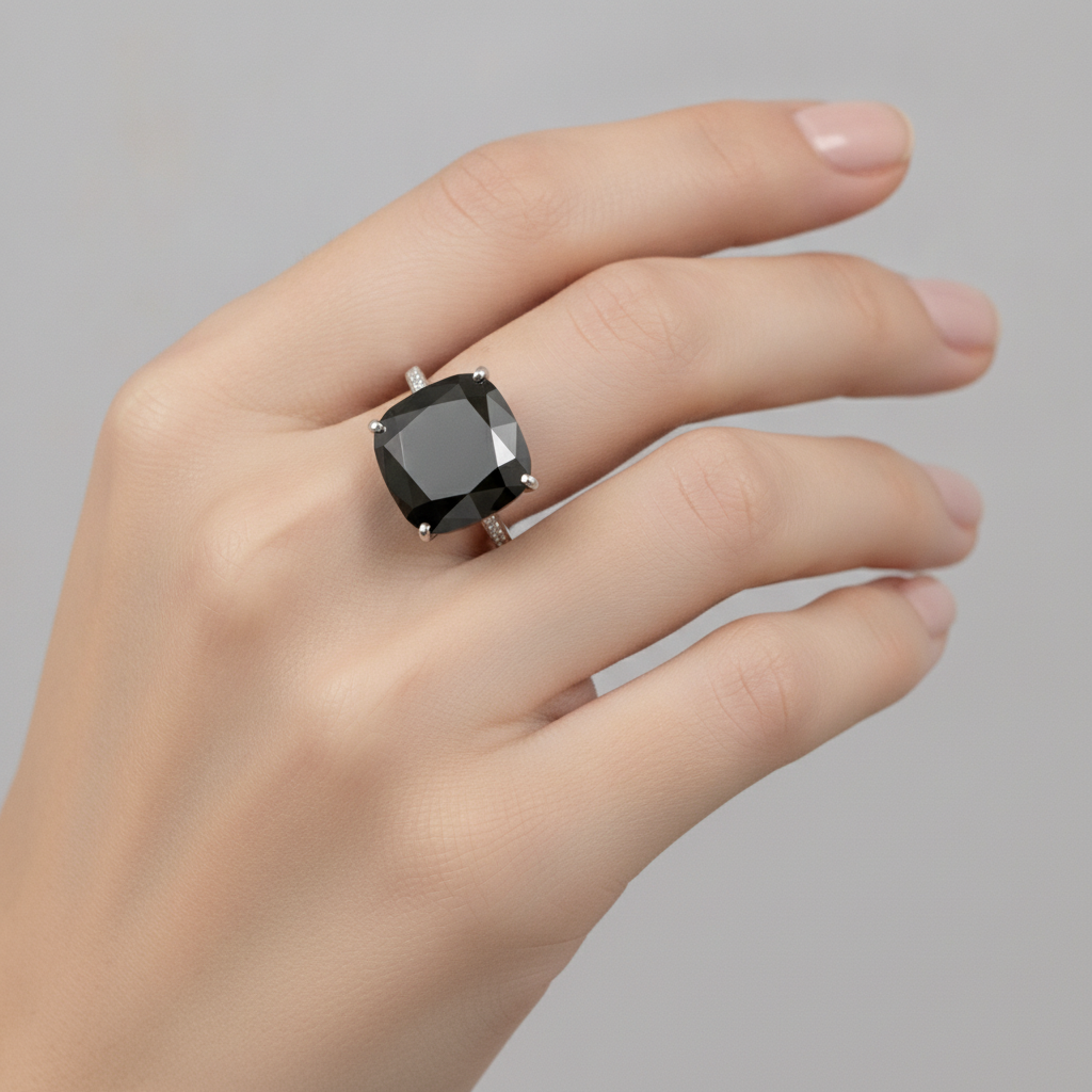 Gioielli con Diamante Nero - Anello Solitario Autentico Taglio Cuscino da 6 Carati in Oro Bianco 14 Carati