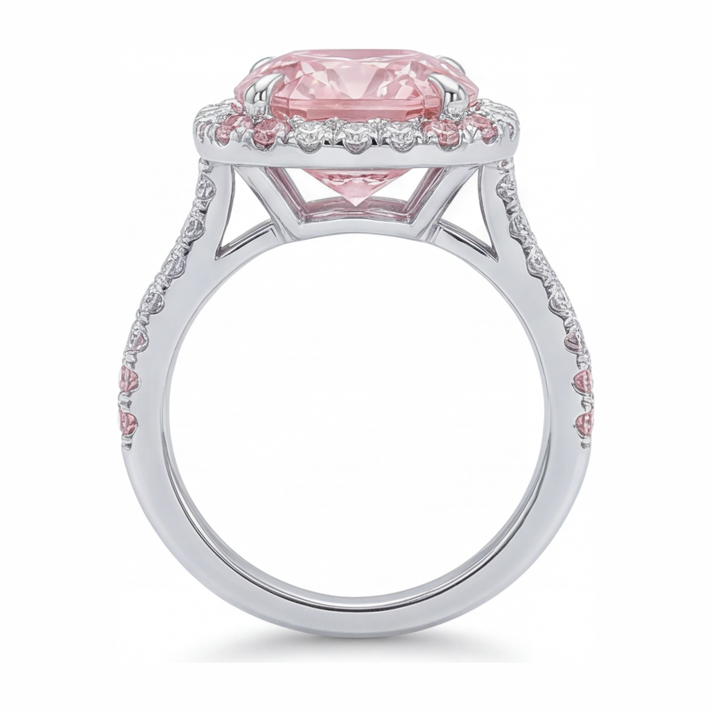 Anello da donna con diamante rosa da laboratorio da 6 carati taglio cuscino doppio halo in oro bianco 14K