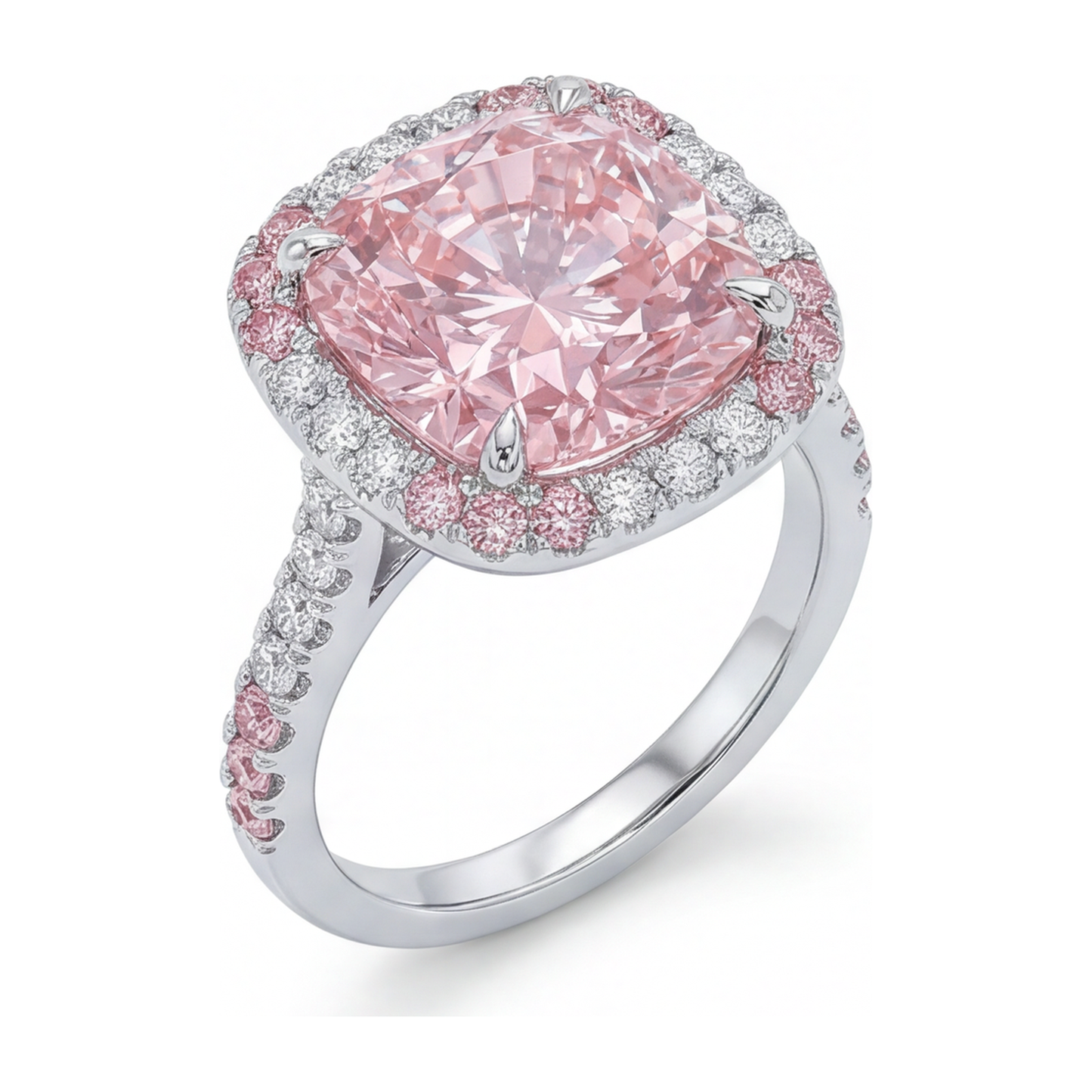 Anello da donna con diamante rosa da laboratorio da 6 carati taglio cuscino doppio halo in oro bianco 14K
