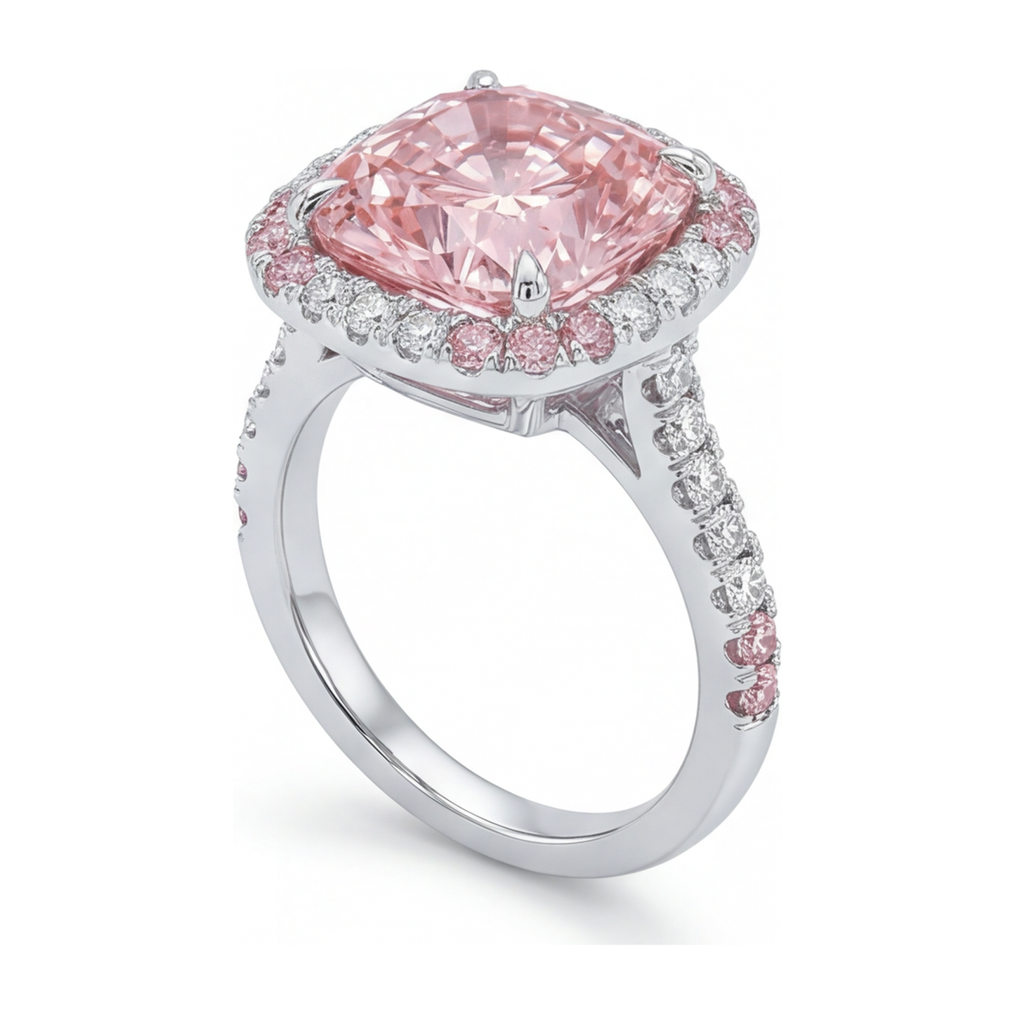 Anello da donna con diamante rosa da laboratorio da 6 carati taglio cuscino doppio halo in oro bianco 14K