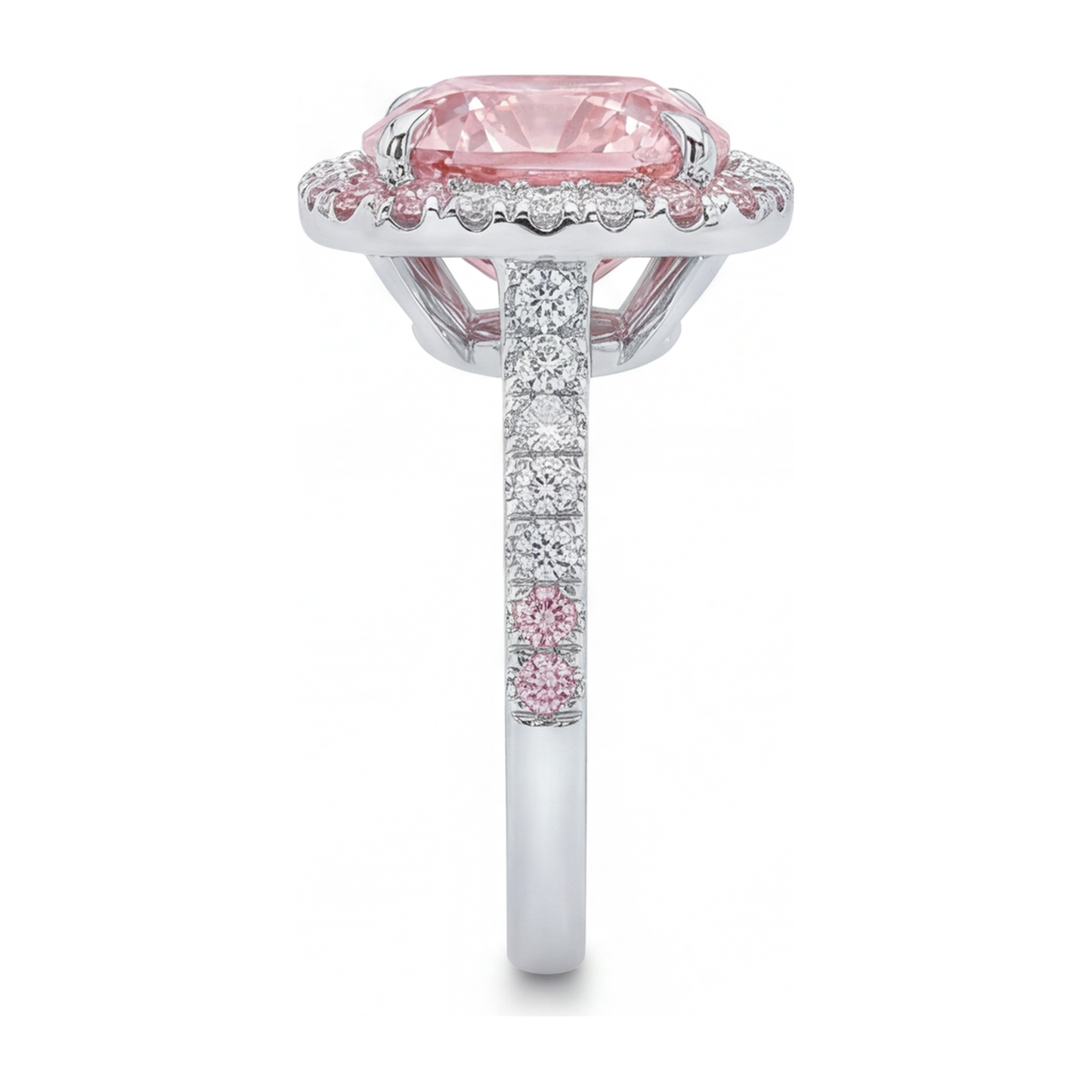 Anello da donna con diamante rosa da laboratorio da 6 carati taglio cuscino doppio halo in oro bianco 14K