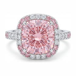 Anello da donna con diamante rosa da laboratorio da 6 carati taglio cuscino doppio halo in oro bianco 14K