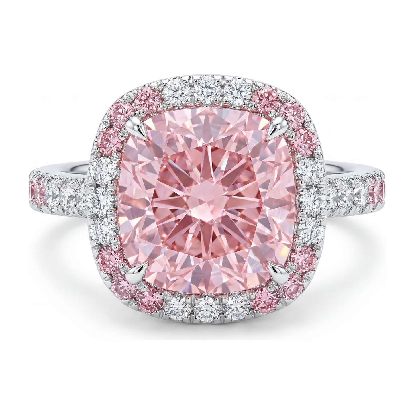 Anello da donna con diamante rosa da laboratorio da 6 carati taglio cuscino doppio halo in oro bianco 14K