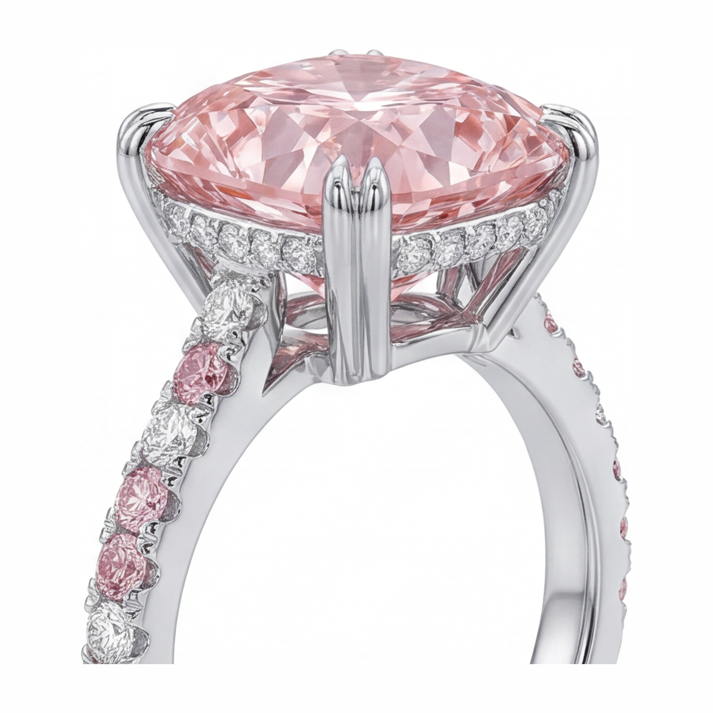 Anello con Diamante Rosa da Laboratorio da 6 Carati Taglio Cuscino Pavé in Oro Bianco 14K