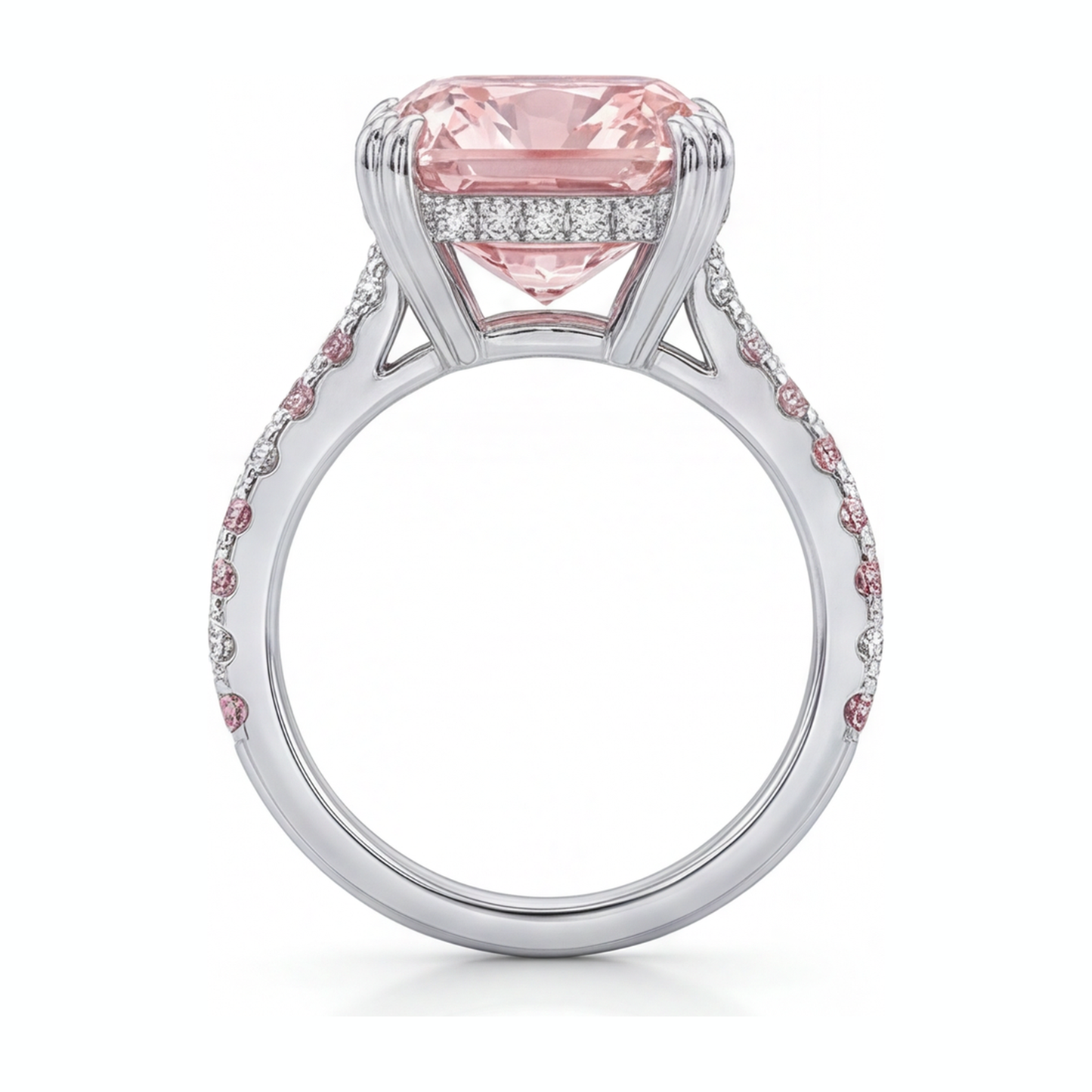 Anello con Diamante Rosa da Laboratorio da 6 Carati Taglio Cuscino Pavé in Oro Bianco 14K