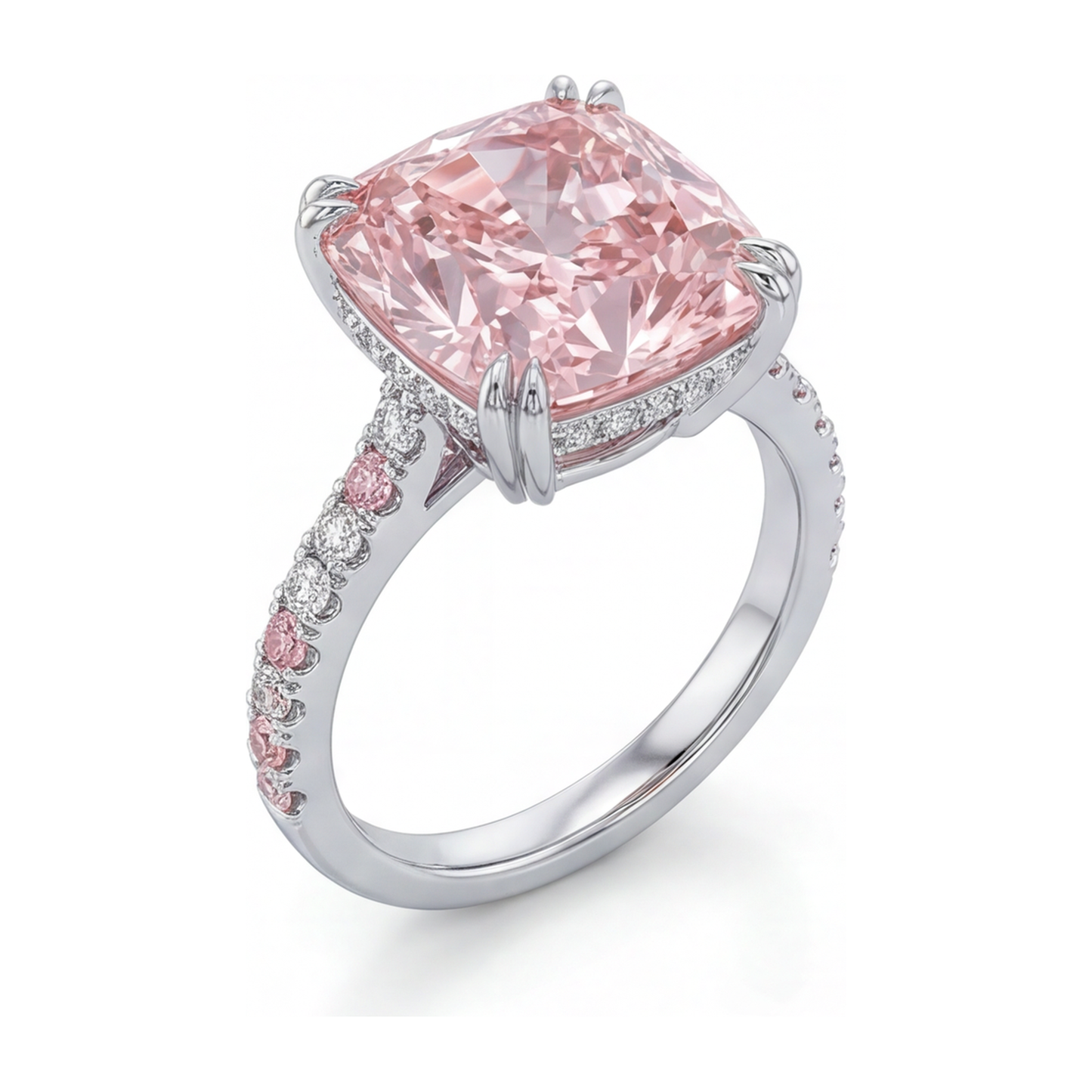 Anello con Diamante Rosa da Laboratorio da 6 Carati Taglio Cuscino Pavé in Oro Bianco 14K
