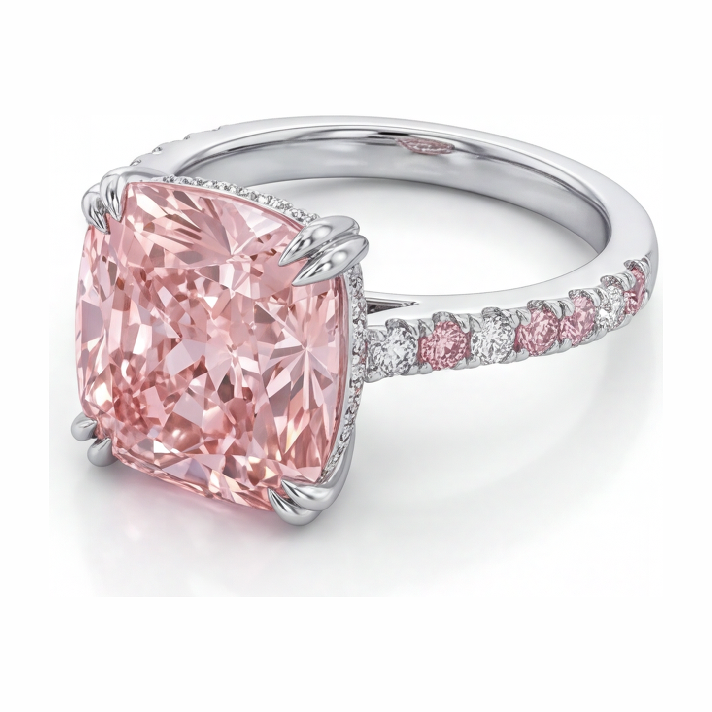 Anello con Diamante Rosa da Laboratorio da 6 Carati Taglio Cuscino Pavé in Oro Bianco 14K