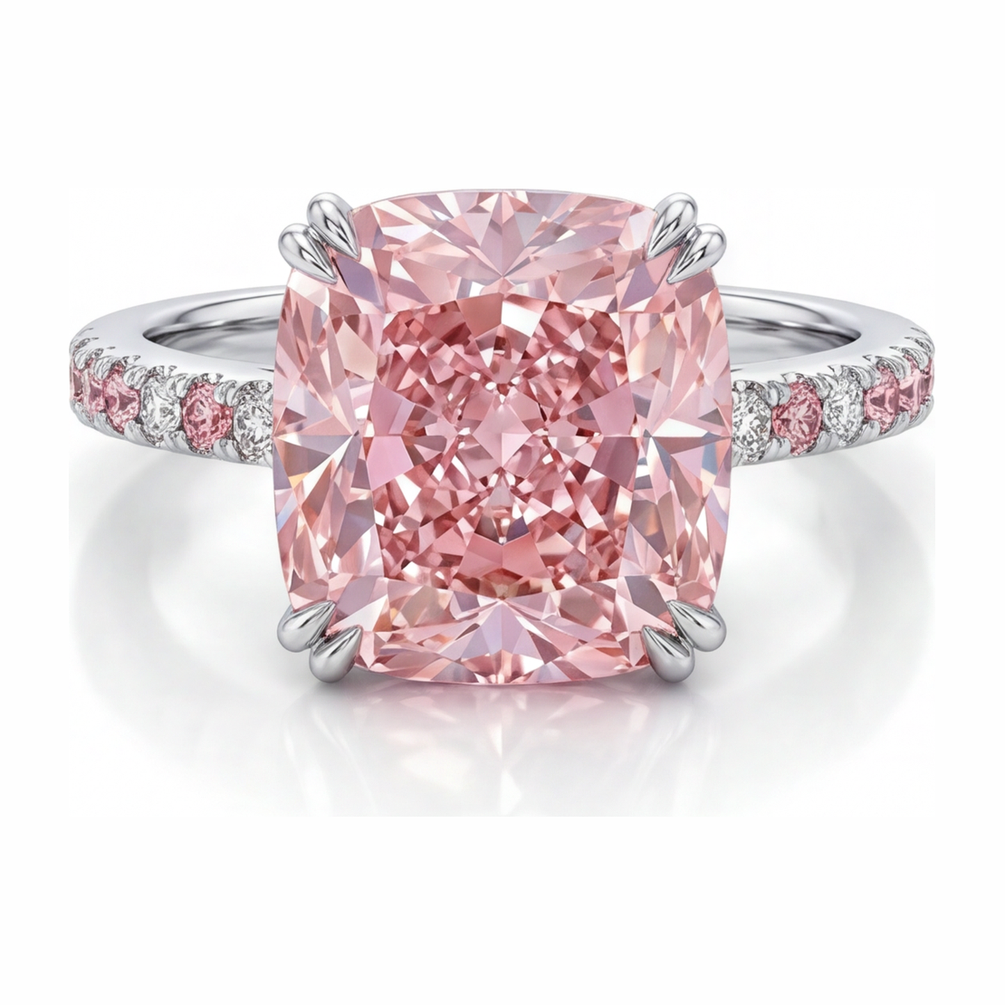 Anello con Diamante Rosa da Laboratorio da 6 Carati Taglio Cuscino Pavé in Oro Bianco 14K