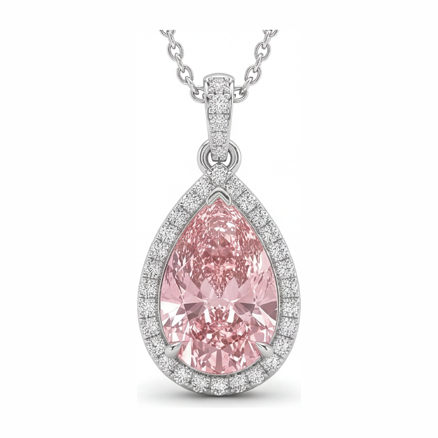 Pendente con Diamante Rosa da Laboratorio 6 Carati a Goccia Halo in Oro Bianco 14K