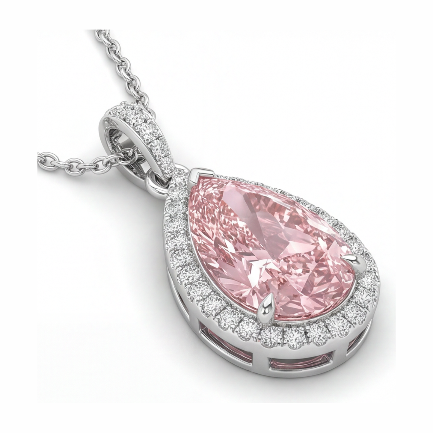 Pendente con Diamante Rosa da Laboratorio 6 Carati a Goccia Halo in Oro Bianco 14K