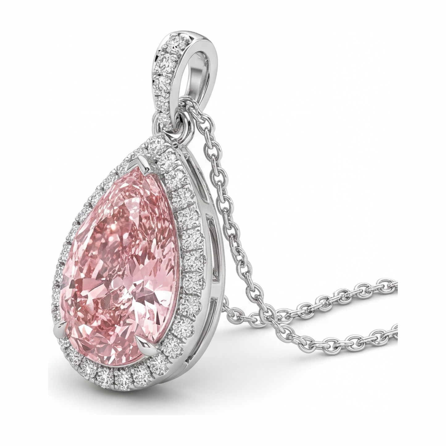 Pendente con Diamante Rosa da Laboratorio 6 Carati a Goccia Halo in Oro Bianco 14K