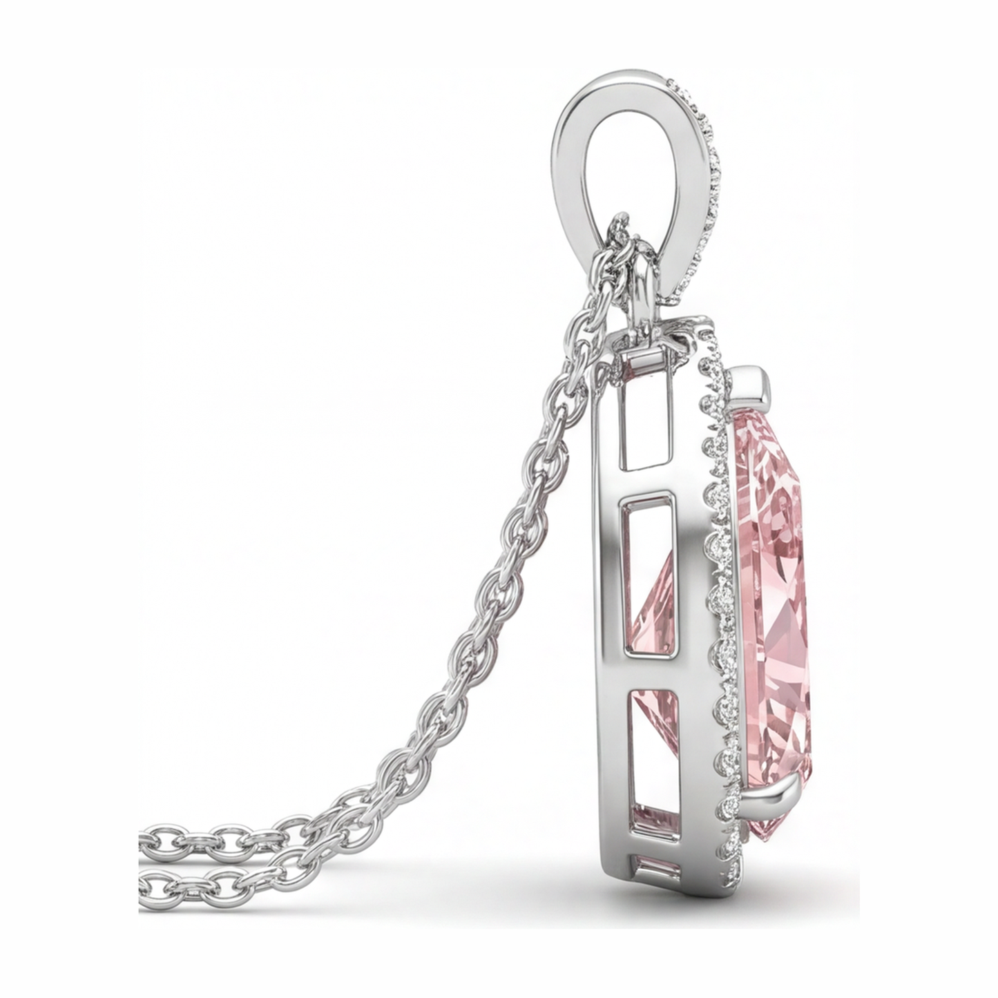 Pendente con Diamante Rosa da Laboratorio 6 Carati a Goccia Halo in Oro Bianco 14K