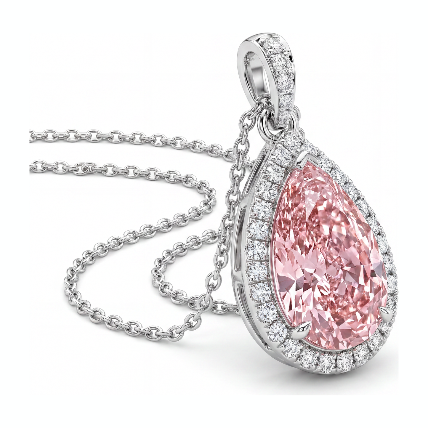 Pendente con Diamante Rosa da Laboratorio 6 Carati a Goccia Halo in Oro Bianco 14K