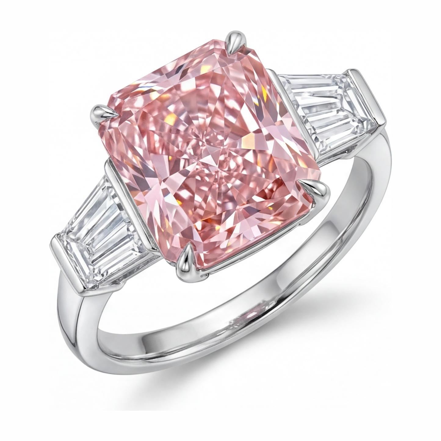 Anello con Diamante Rosa da Laboratorio da 6 Carati Taglio Radiant a Tre Pietre a Cattedrale in Oro Bianco 14K