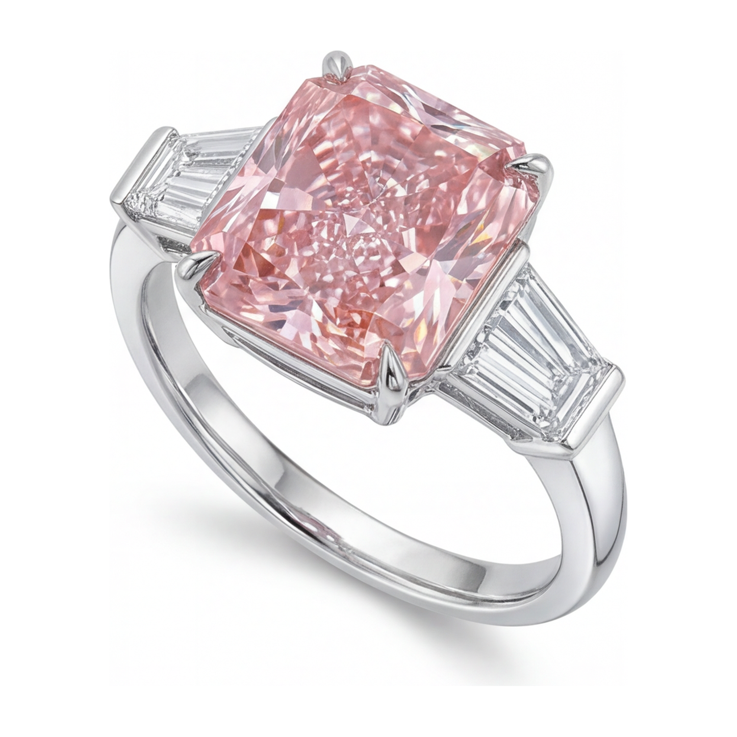 Anello con Diamante Rosa da Laboratorio da 6 Carati Taglio Radiant a Tre Pietre a Cattedrale in Oro Bianco 14K