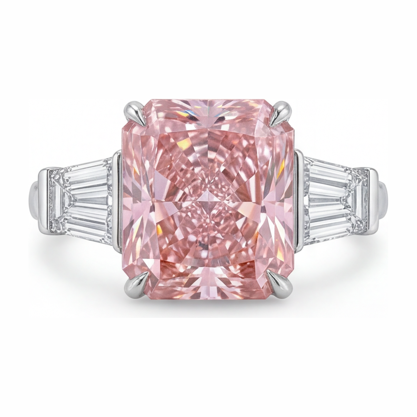 Anello con Diamante Rosa da Laboratorio da 6 Carati Taglio Radiant a Tre Pietre a Cattedrale in Oro Bianco 14K