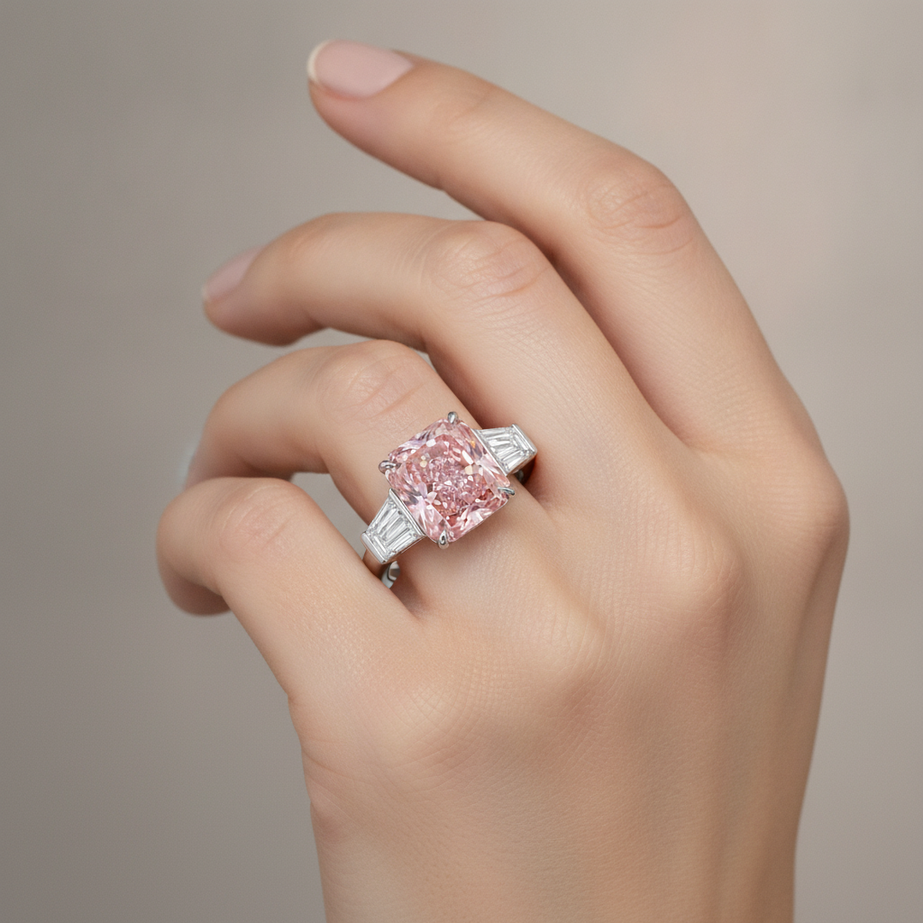Anello con Diamante Rosa da Laboratorio da 6 Carati Taglio Radiant a Tre Pietre a Cattedrale in Oro Bianco 14K
