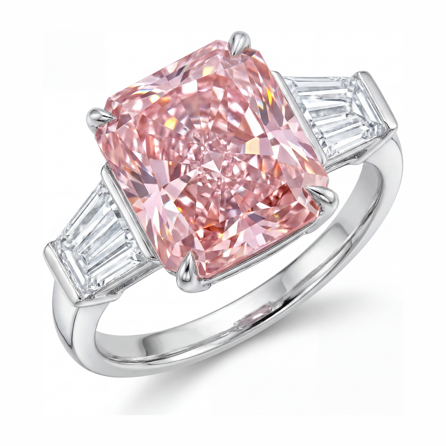 Anello con Diamante Rosa da Laboratorio da 6 Carati Taglio Radiant a Tre Pietre a Cattedrale in Oro Bianco 14K