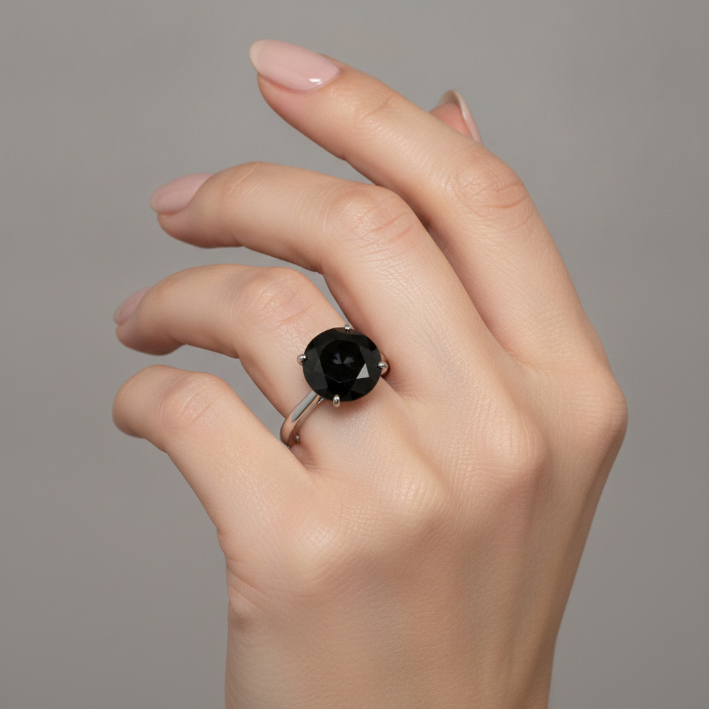 Anello di Fidanzamento Solitario con Diamante Scuro da 5 Carati, Autentico Diamante Nero Rotondo, Profilo a Lama di Coltello in Oro Bianco 14K