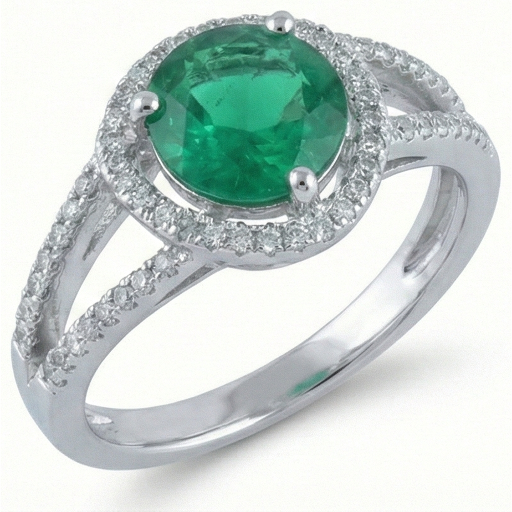 6 carati di forma rotonda verde smeraldo con anello di diamanti in oro