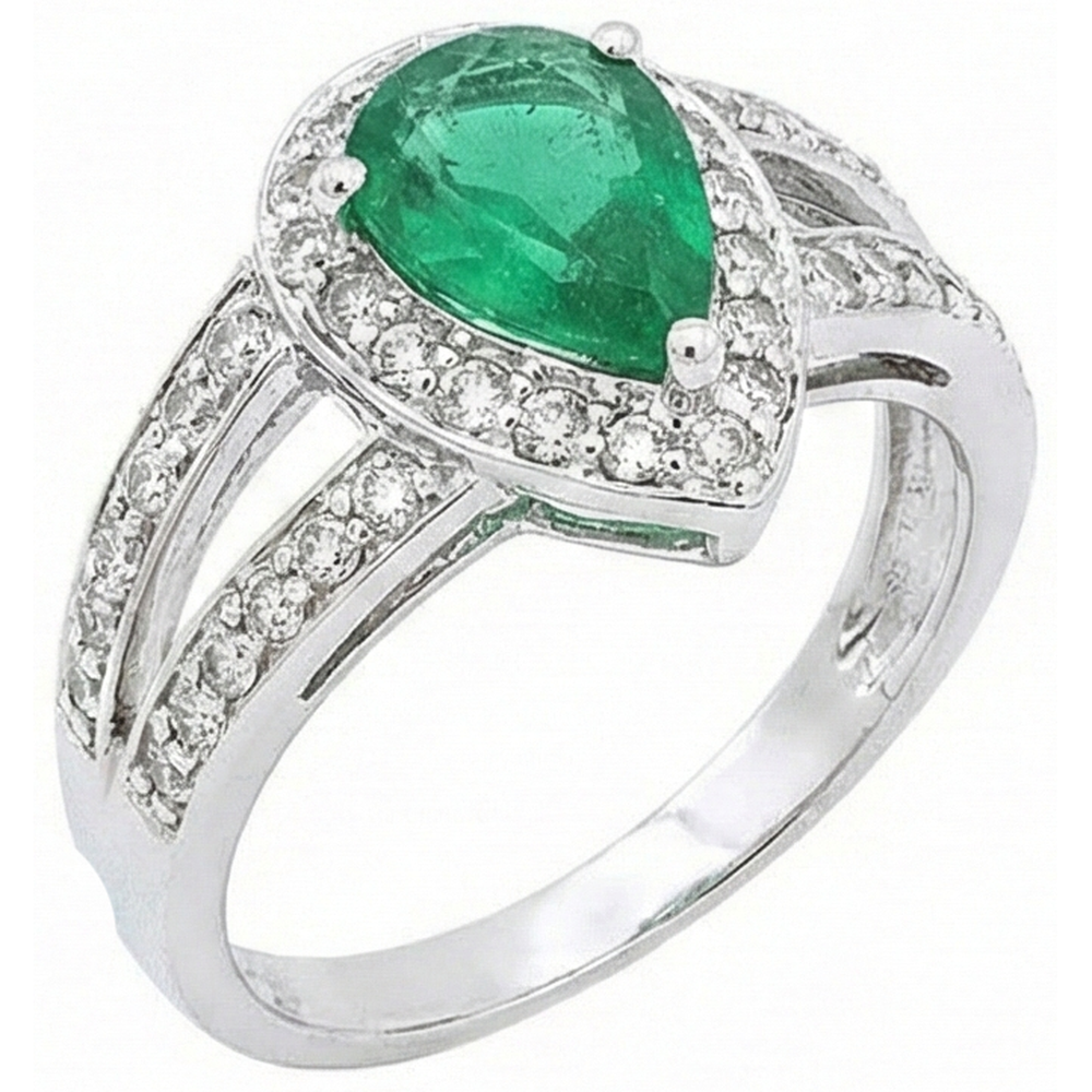 6 carati pera verde smeraldo con diamante anello nuziale oro bianco 14k