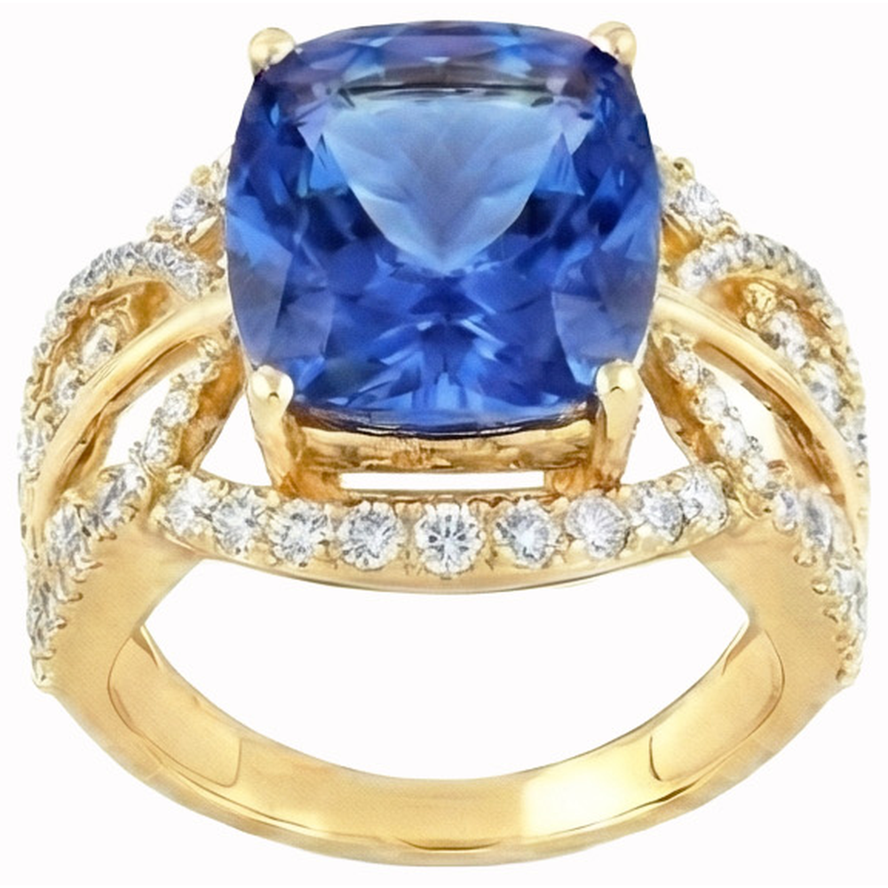 6 ct. Cuscino Sri Lanka Zaffiro Blu E Diamanti Naturali Autentici ( non creati in laboratorio ) Oro Giallo 14K