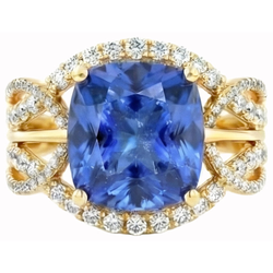 6 ct. Cuscino Sri Lanka Zaffiro Blu E Diamanti Naturali Autentici ( non creati in laboratorio ) Oro Giallo 14K