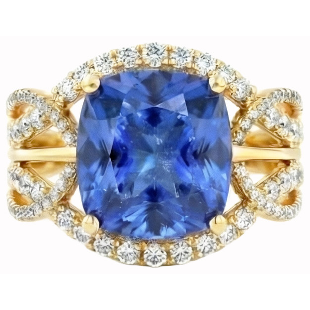 6 ct. Cuscino Sri Lanka Zaffiro Blu E Diamanti Naturali Autentici ( non creati in laboratorio ) Oro Giallo 14K