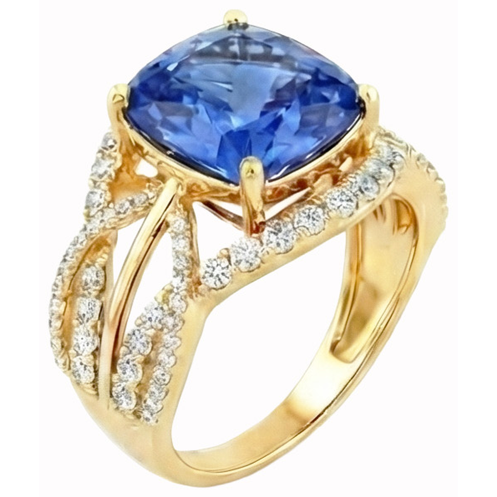 6 ct. Cuscino Sri Lanka Zaffiro Blu E Diamanti Naturali Autentici ( non creati in laboratorio ) Oro Giallo 14K