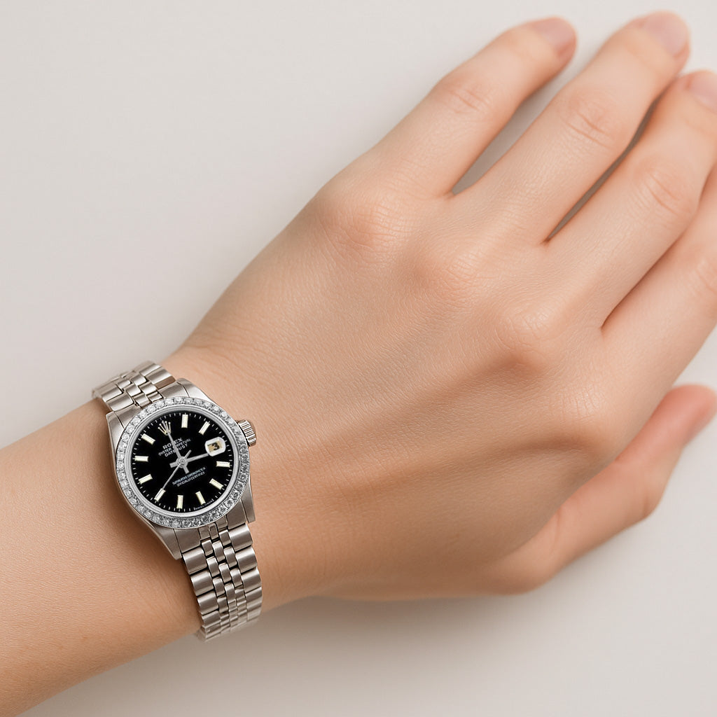 Bracciale giubileo in acciaio inossidabile Quadrante a bastoncino nero Lunetta con diamanti Orologio Rolex