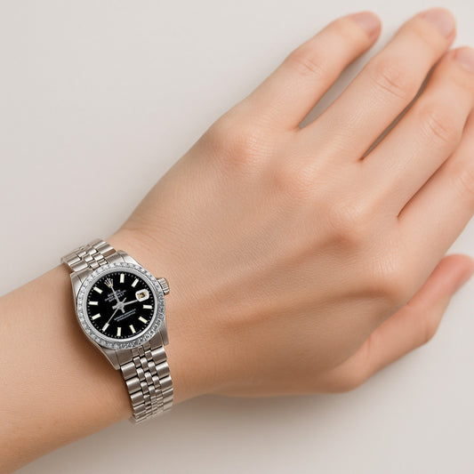 Bracciale giubileo in acciaio inossidabile Quadrante a bastoncino nero Lunetta con diamanti Orologio Rolex