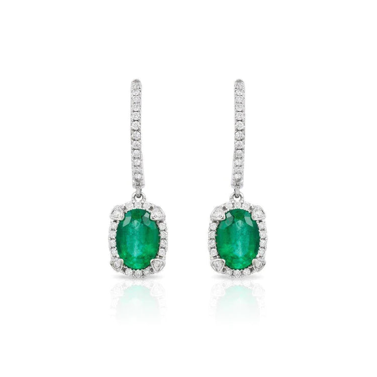 6,50 carati. Orecchini pendenti con diamanti Verde smeraldo taglio ovale in oro bianco 14K