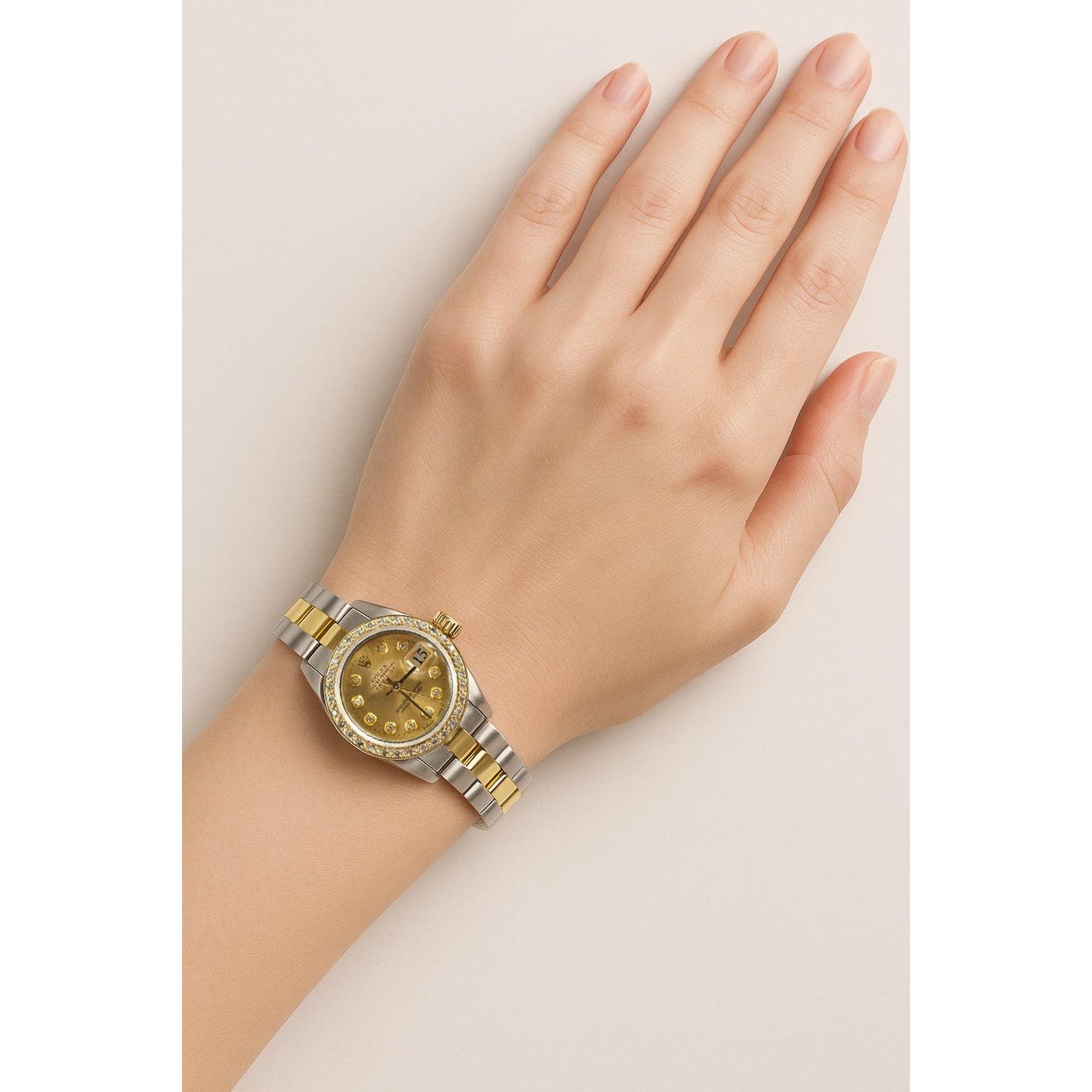 Orologio Rolex Datejust da donna, quadrante champagne con diamanti, acciaio e oro