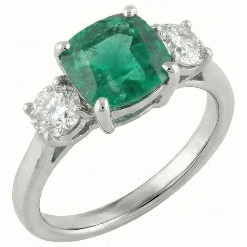6,50 carati verde smeraldo e anello con 3 pietre di diamanti in oro bianco 14 carati