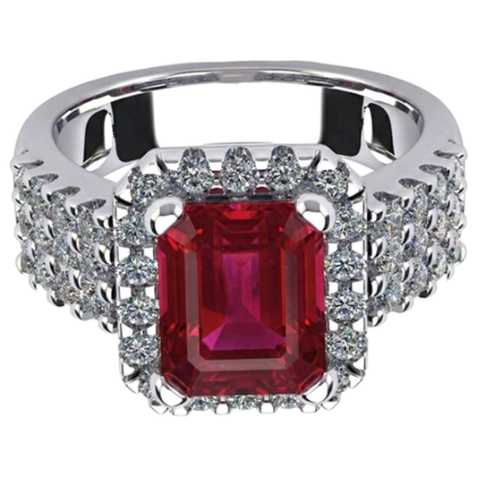 7.50 carati rubino rosso a forma di smeraldo con gioielli in oro con anello di diamanti