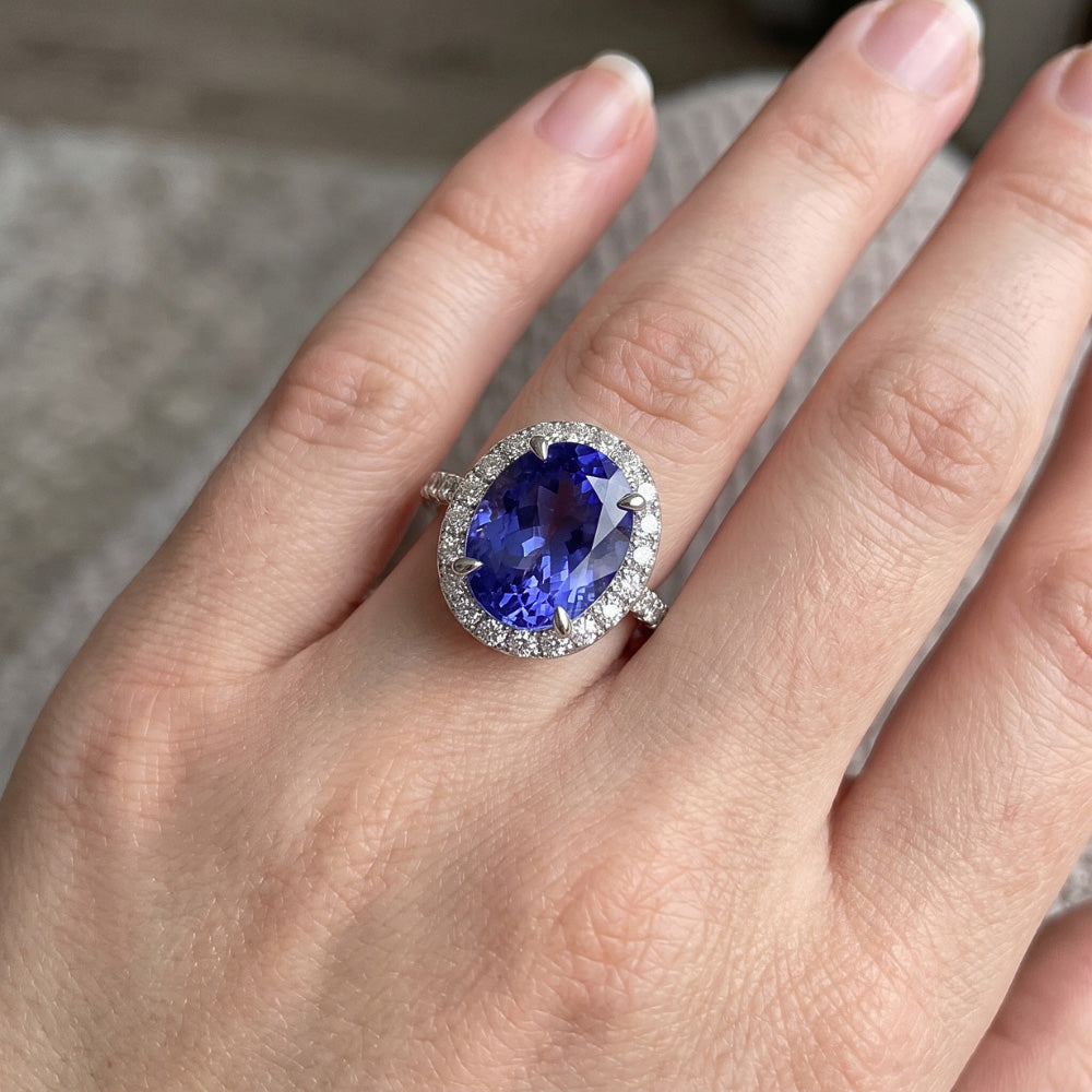 7.75 Ct Gold Jewelry Oval Tanzanite With Halo Diamond Ring