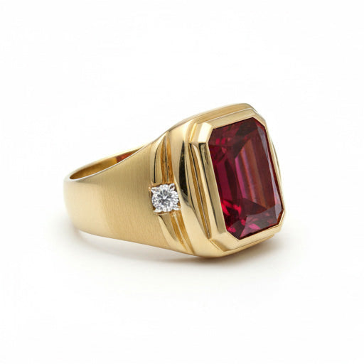 Rubino Sangue di Piccione Anello Maschile 7,20 carati 10K Yellow Gold – vista laterale