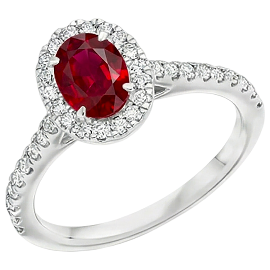 7,35 carati rubino ovale con diamanti rotondi anello oro bianco 14k