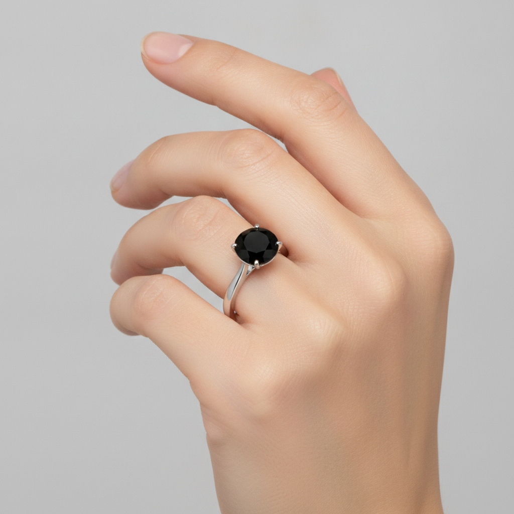 Anello Solitario con Diamante Nero Naturale Taglio Rotondo da 3,5 Carati a Lama di Coltello in Oro Bianco 14K