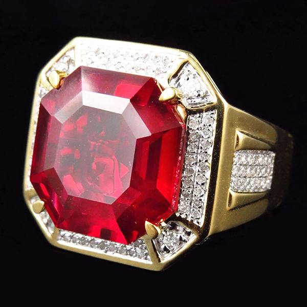 8.75 ct Rosso Asscher Taglio Anello Rubino da Uomo Con Diamanti Oro Gioielli
