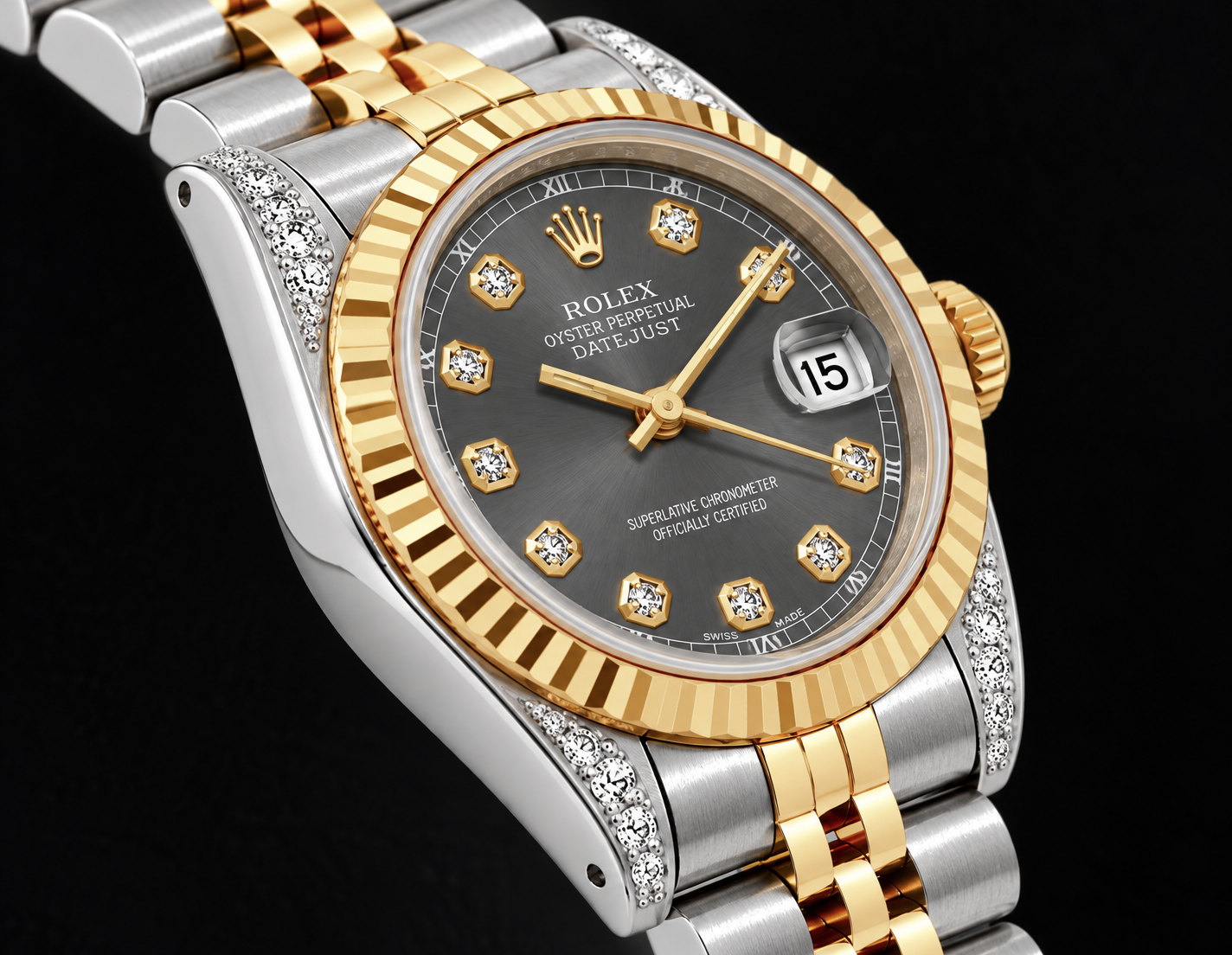 Rolex Datejust 69173 26 mm Orologio Bicolore Quadrante Grigio con Diamanti Lunetta Zigrinata